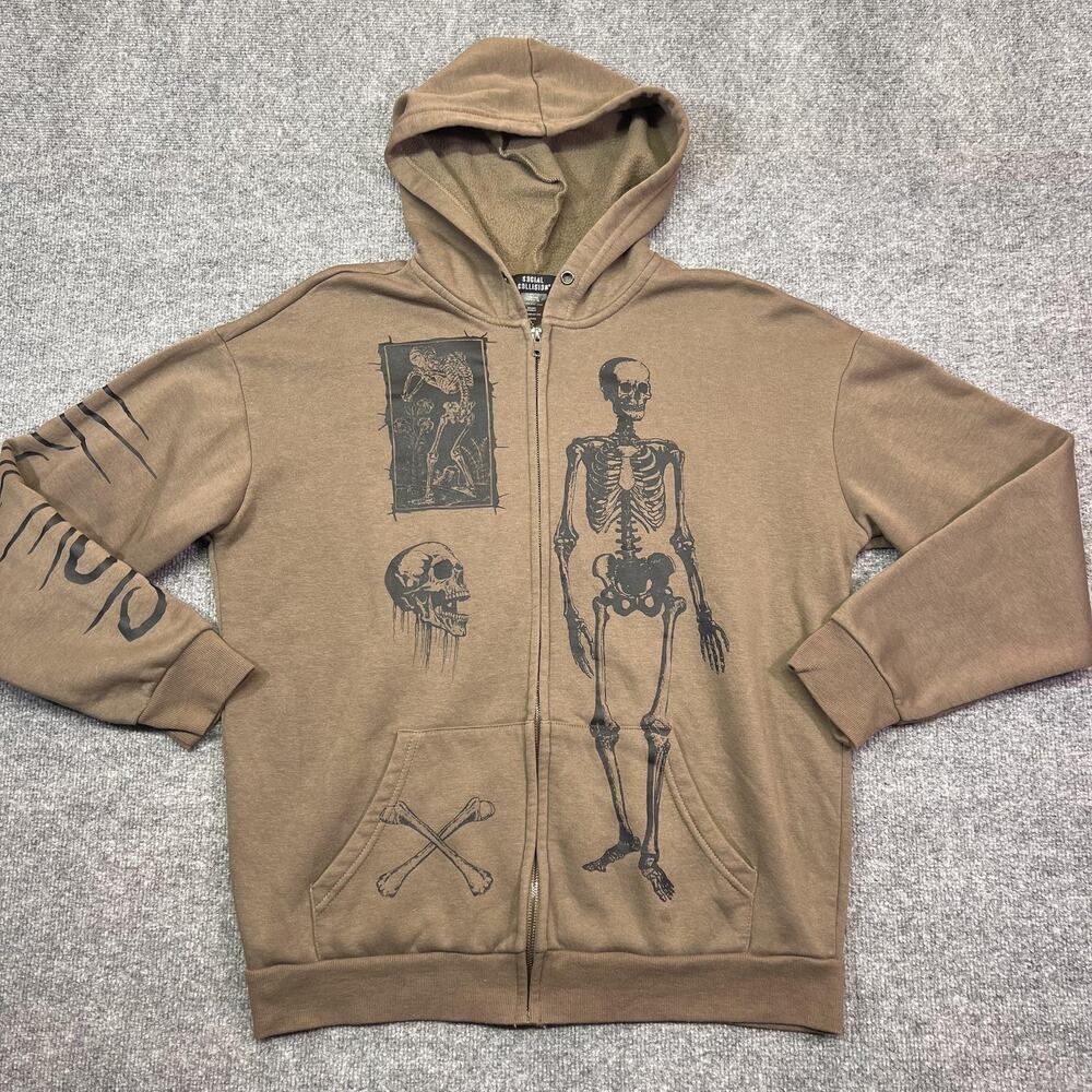 Social Collision Hoodie Mens Small Brown Skeleton Graphic Full Zip Sweatshirt